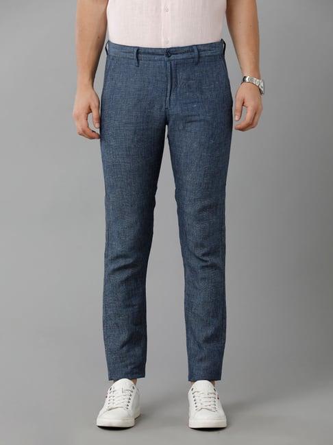 linen club blue slim fit linen flat front trousers