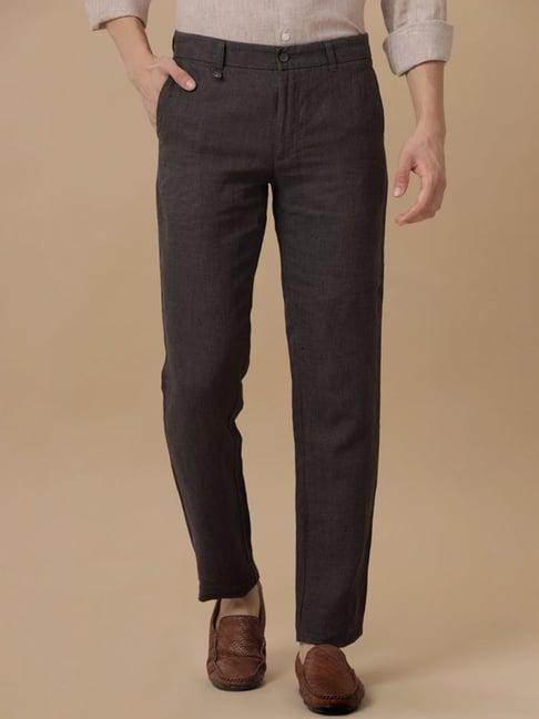 linen club brown linen slim fit texture trousers