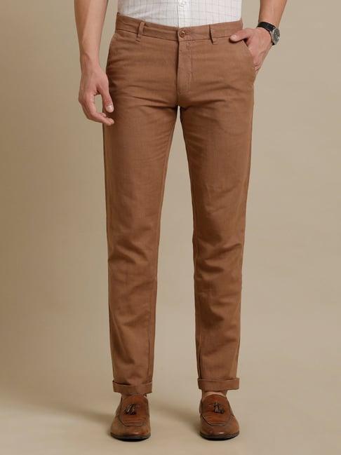 linen club brown regular fit linen flat front trousers