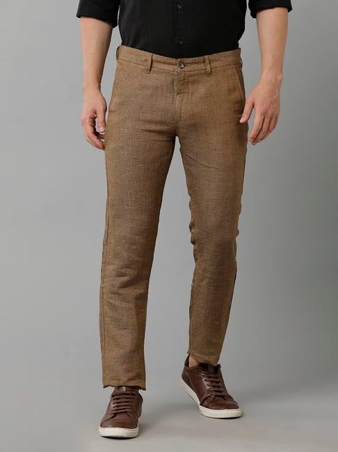 linen club brown slim fit linen flat front trousers