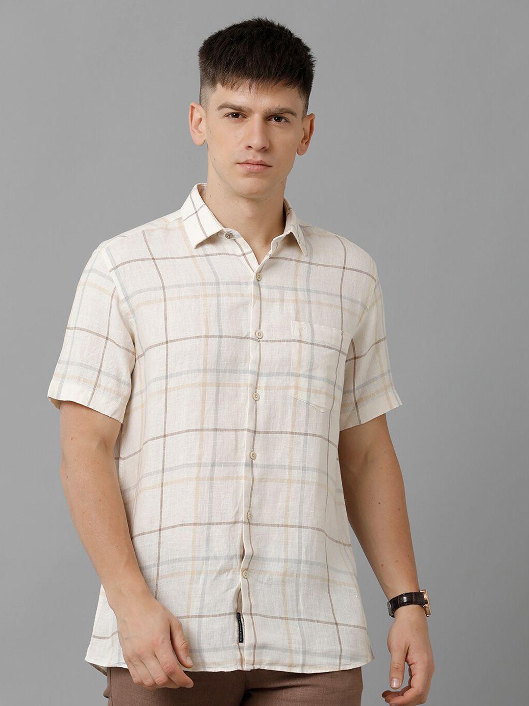 linen club checked spread collar pure linen casual shirt