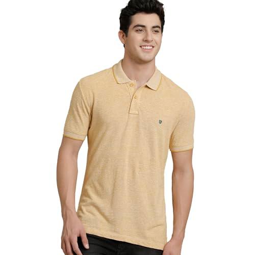 linen club circular knit polo neck yellow solid half sleeve t-shirt for men(size-s)-lcthsd0241659