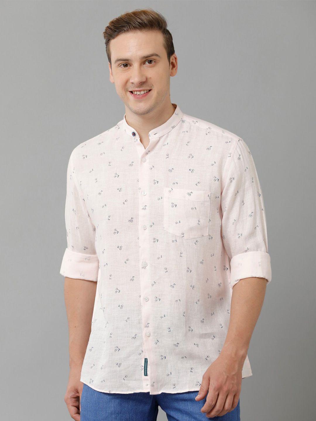 linen club conversational printed mandarin collar pure linen casual shirt
