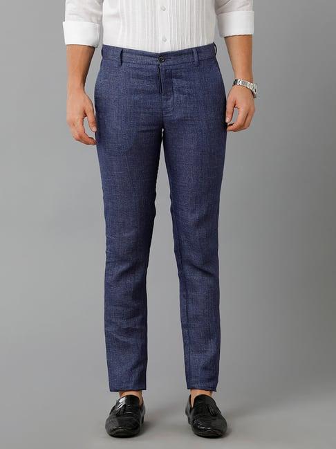 linen club dark blue slim fit linen flat front trousers