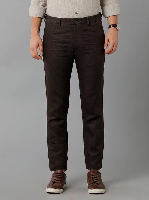 linen club dark brown slim fit linen flat front trousers