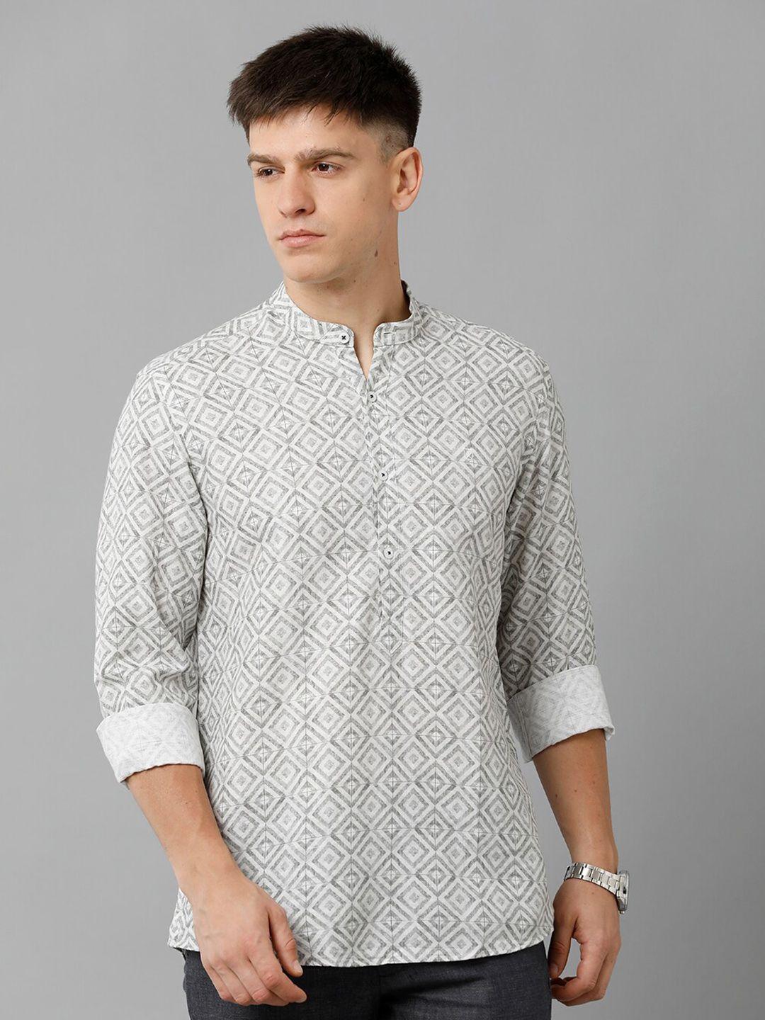 linen club geometric printed mandarin collar pure linen casual shirt