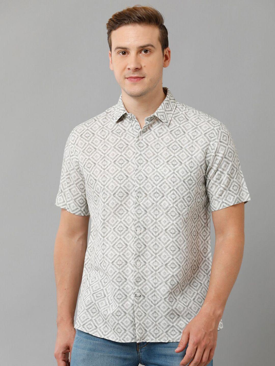 linen club geometric printed short sleeve pure linen casual shirt