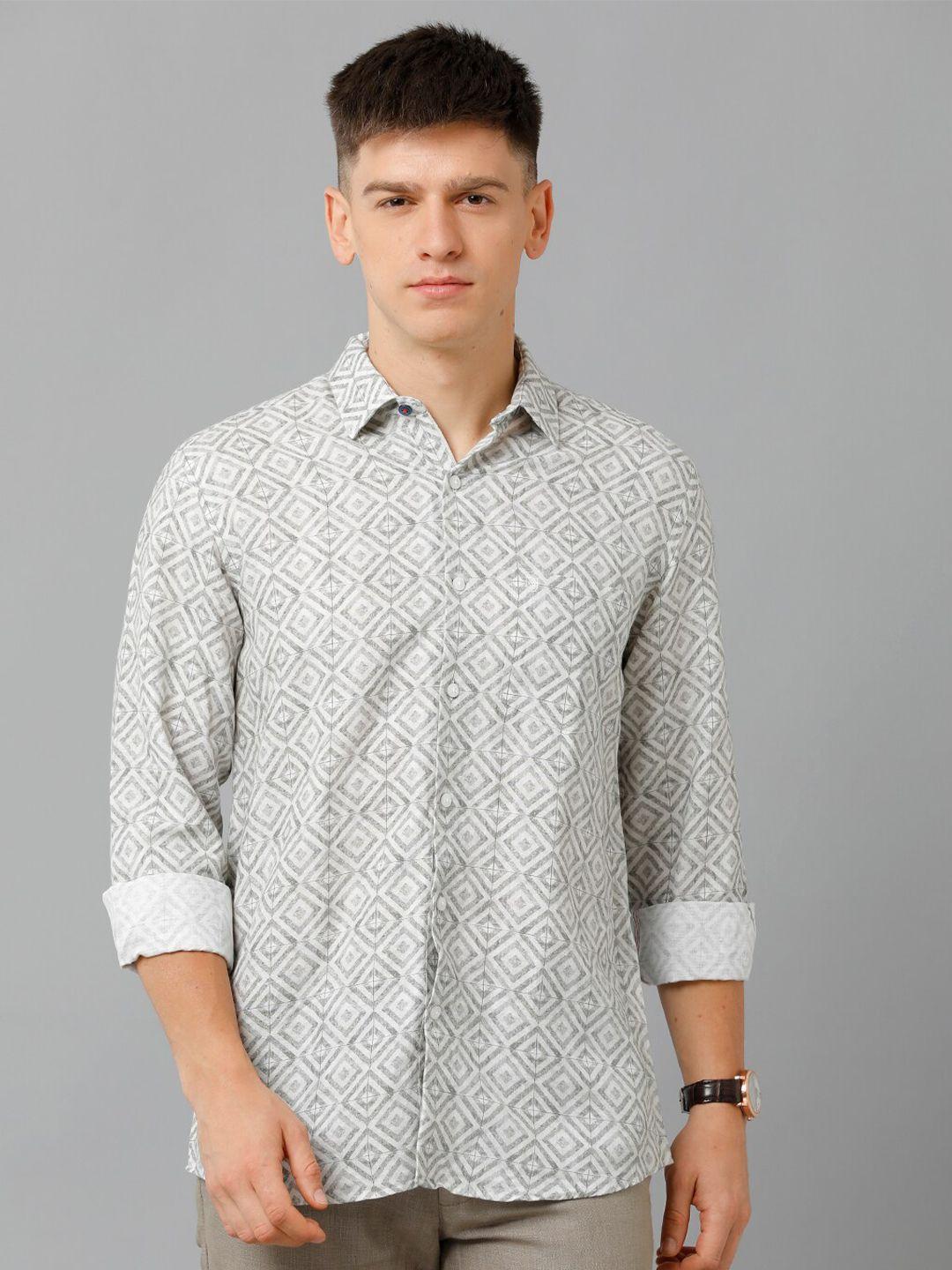 linen club geometric printed spread collar pure linen casual shirt