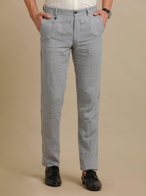 linen club grey regular fit linen flat front trousers