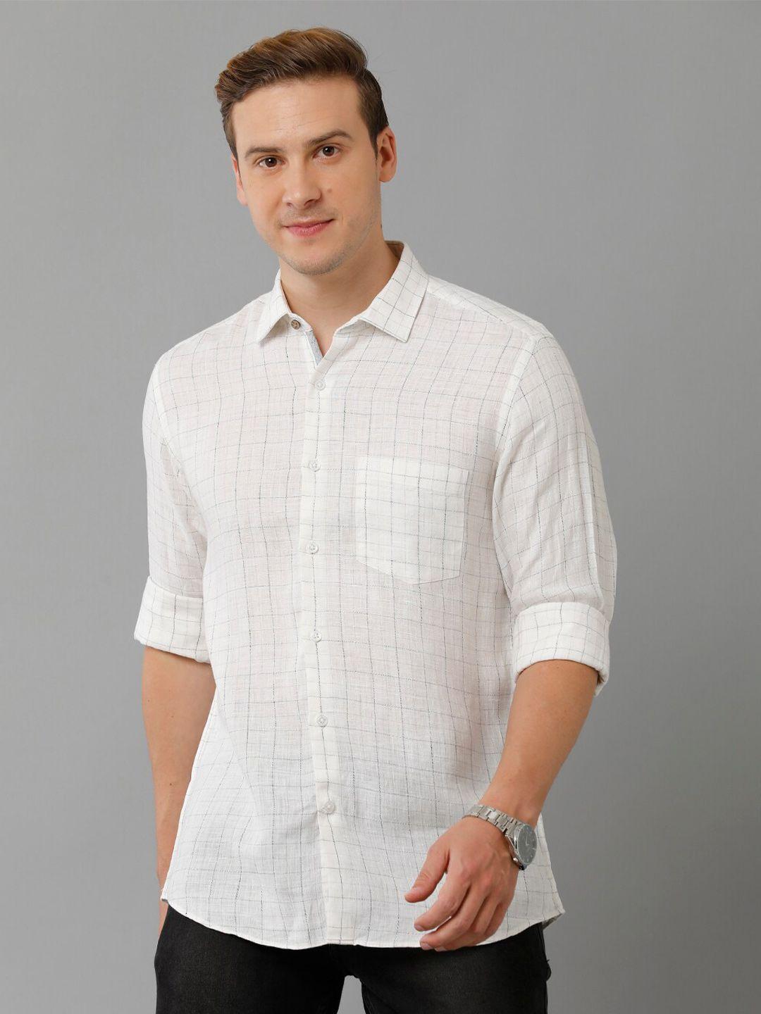 linen club grid tattersall checked spread collar pure linen casual shirt