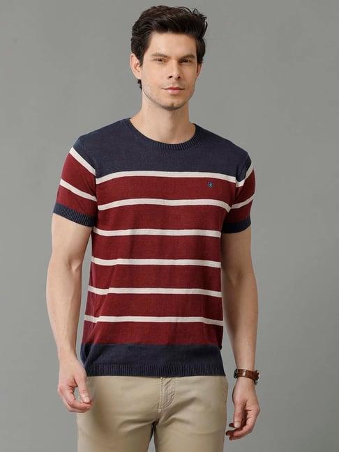 linen club maroon & navy contemporary fit striped crew t-shirt