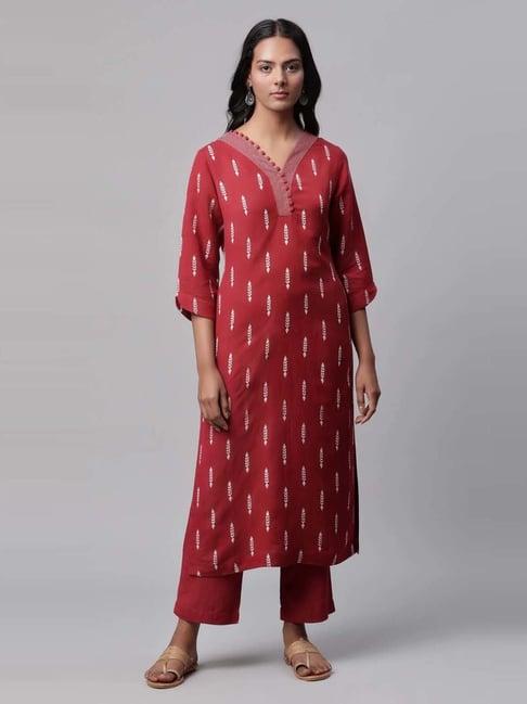 linen club maroon printed long kurta set