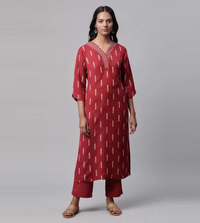 linen club maroon printed long kurta set