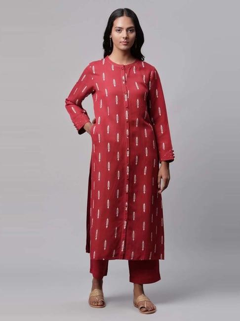 linen club maroon printed long kurta