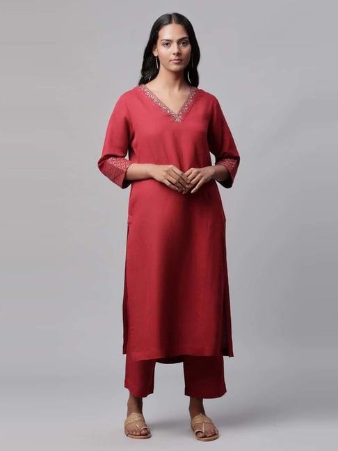 linen club maroon sequin kurta set