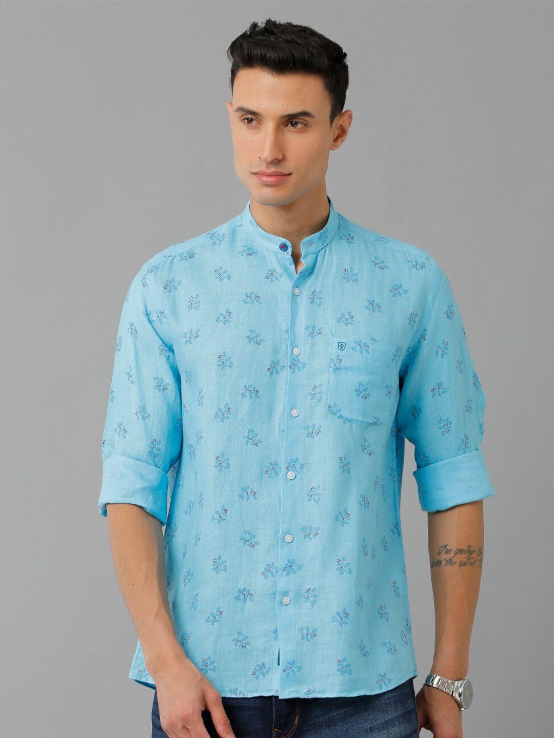 linen club men blue floral opaque printed casual shirt