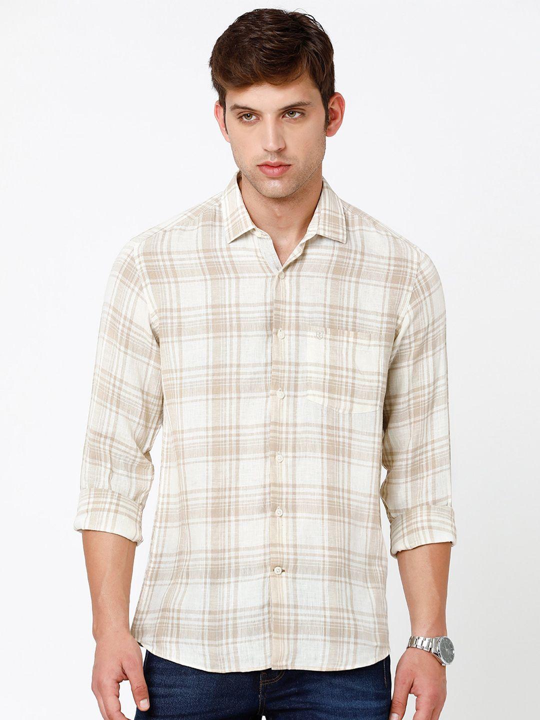 linen club men checked pure linen casual shirt