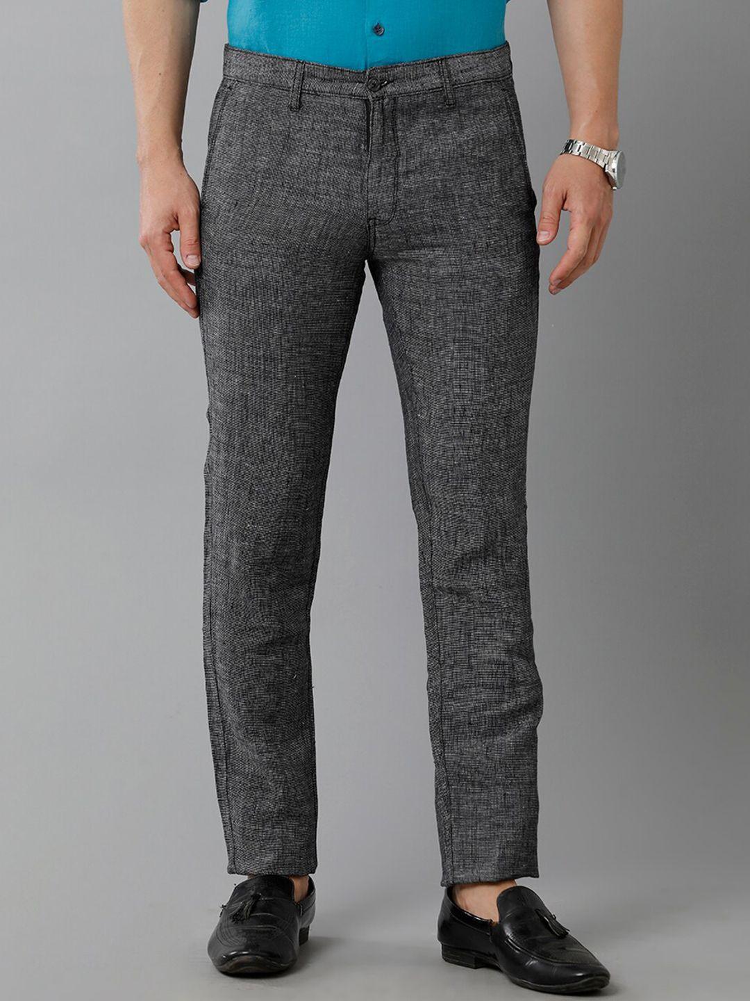 linen club men self designed mid rise slim fit pure linen trousers
