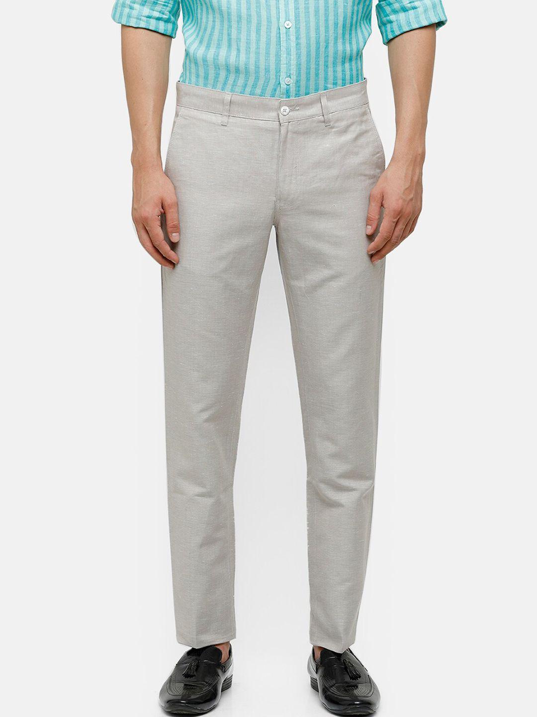 linen club men silver-toned slim fit linen trousers