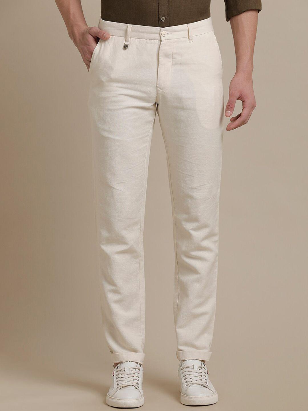 linen club men smart casual pure linen mid-rise trousers