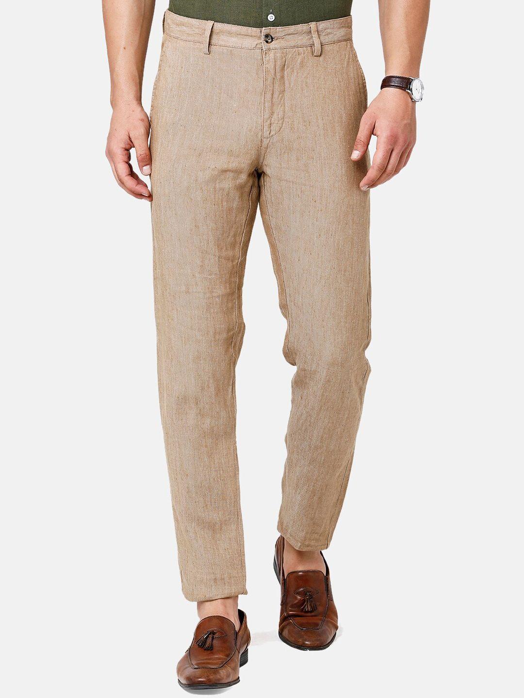 linen club men textured slim fit pure linen trousers