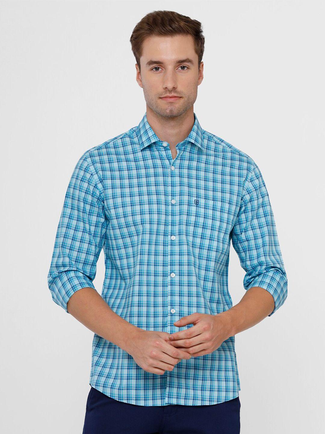 linen club men turquoise blue checked regular fit cotton casual shirt