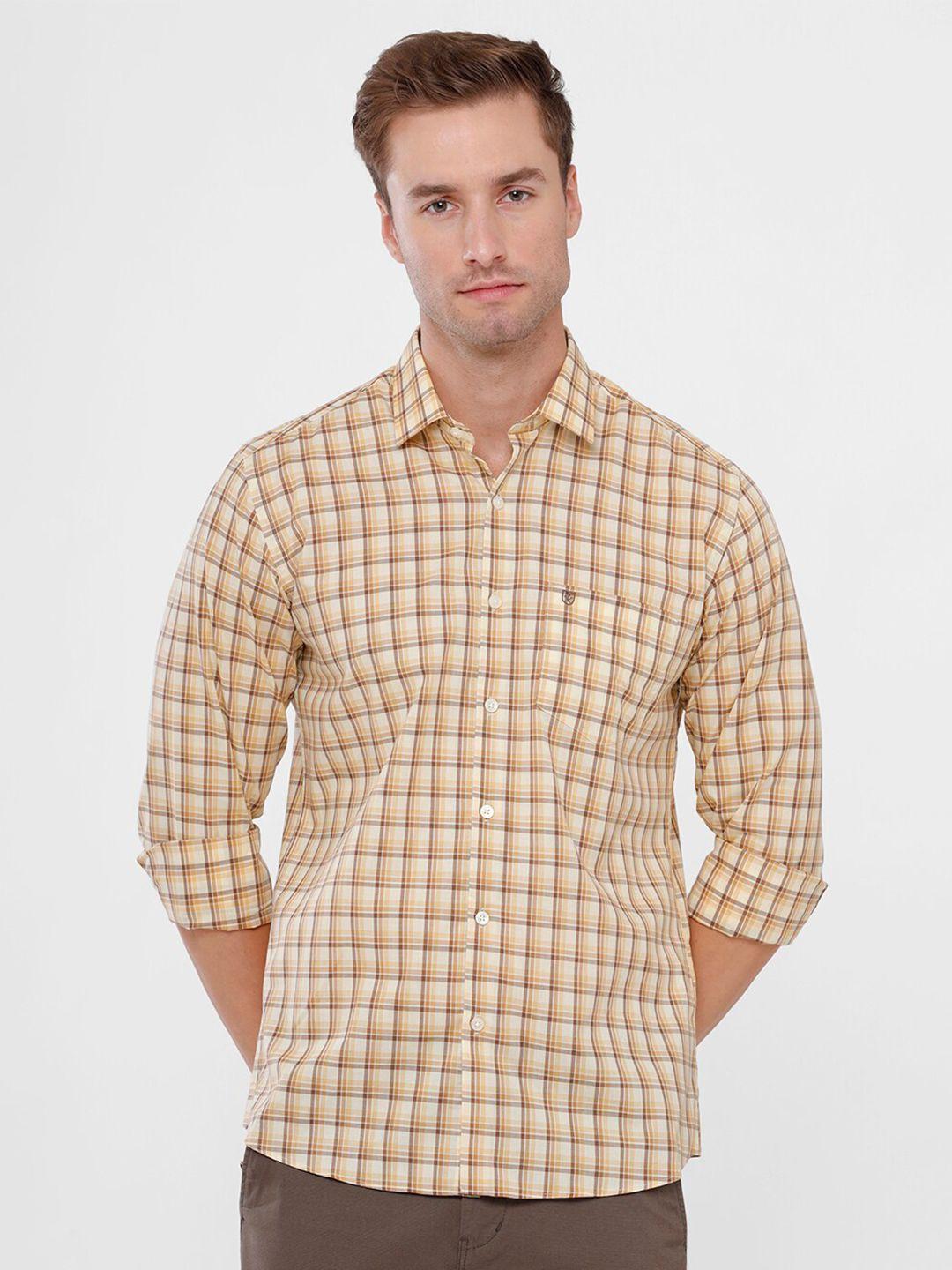 linen club men yellow checked regular fit cotton casual shirt