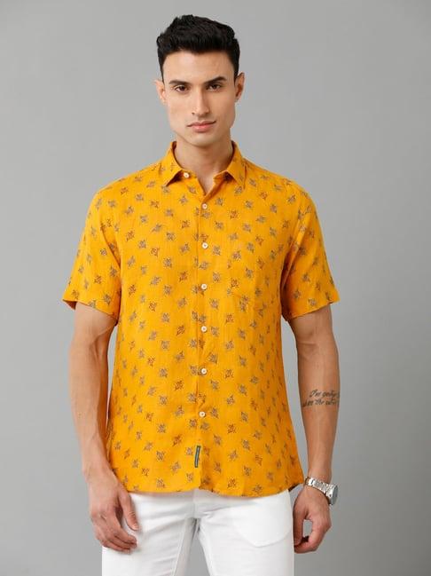 linen club mustard regular fit printed linen shirt