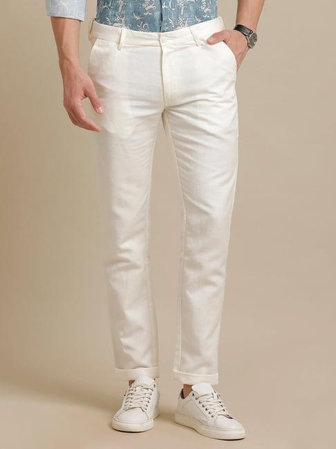 linen club off white regular fit linen flat front trousers