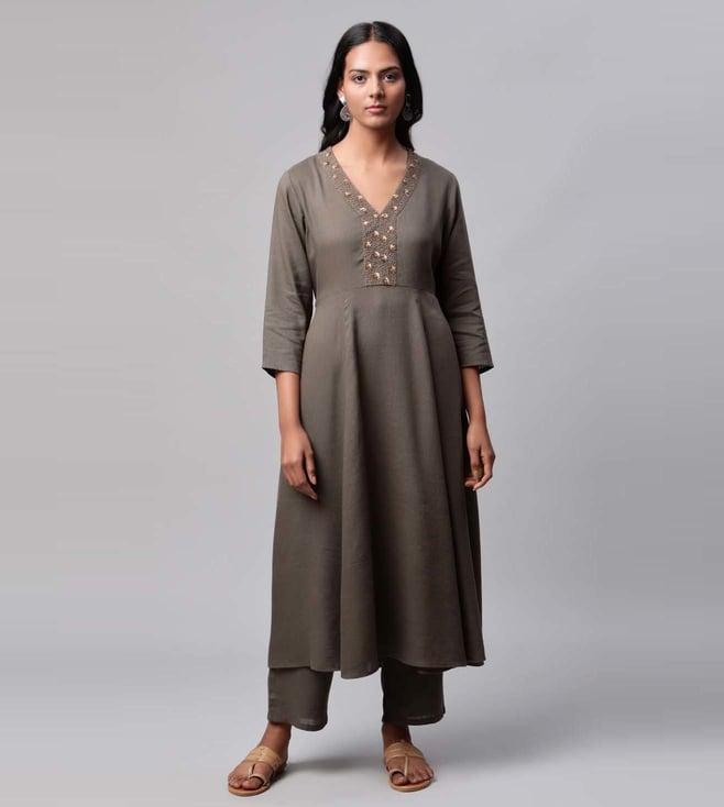 linen club olive sequinned anarkali kurta set