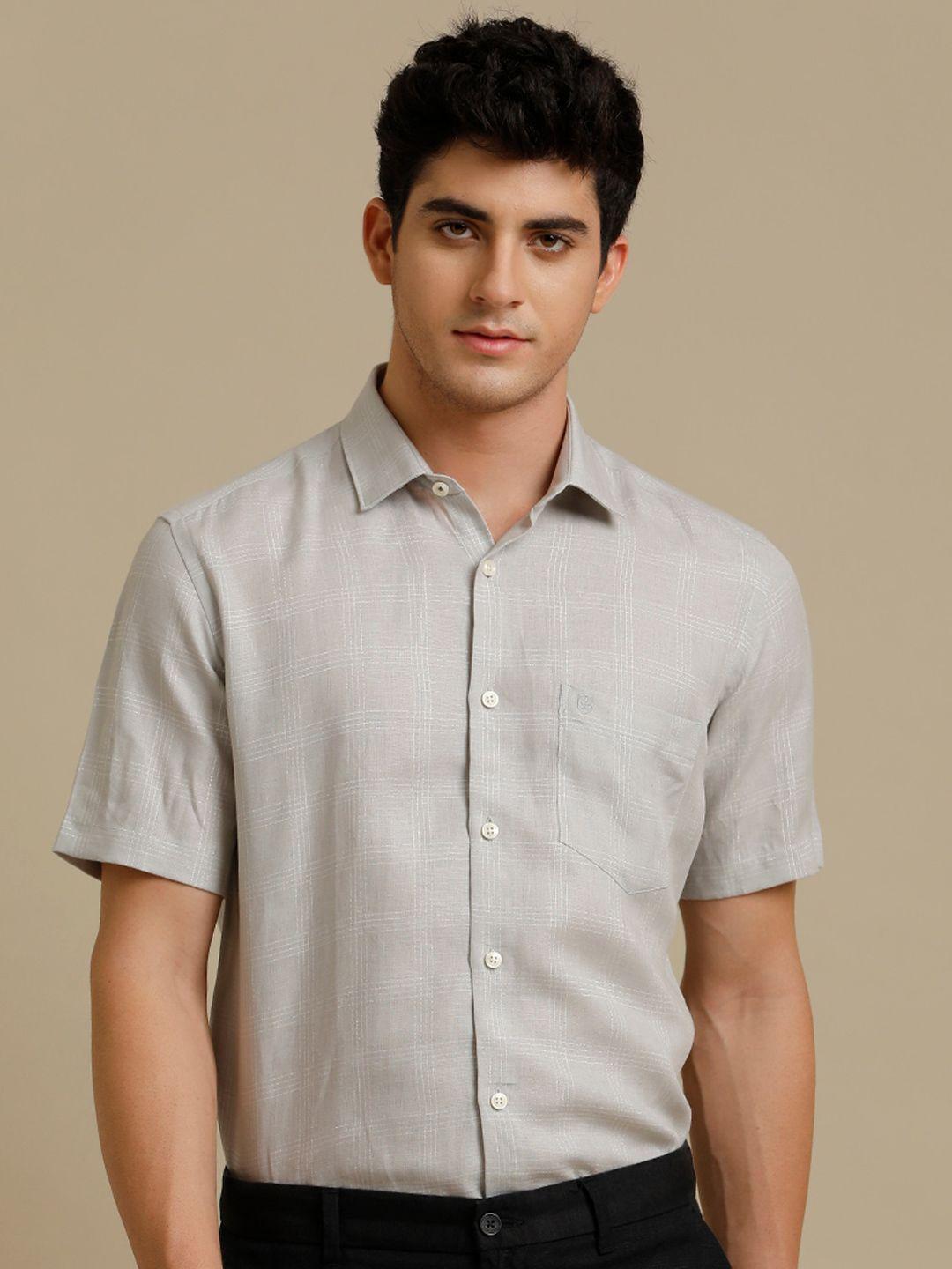 linen club spread collar short sleeves regular fit contemporary opaque checks casual shirt