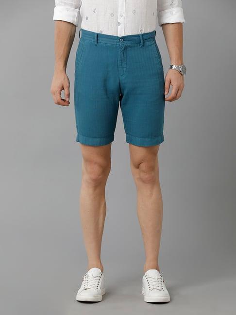 linen club teal blue slim fit linen shorts