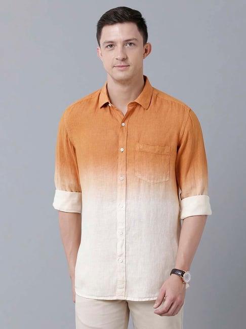 linen club white & brown regular fit printed linen shirt