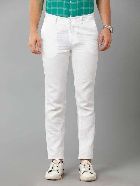 linen club white slim fit linen flat front trousers