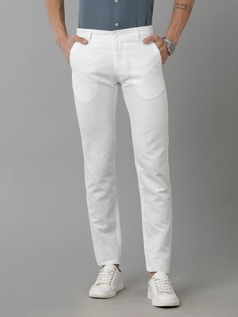 linen club white slim fit linen flat front trousers