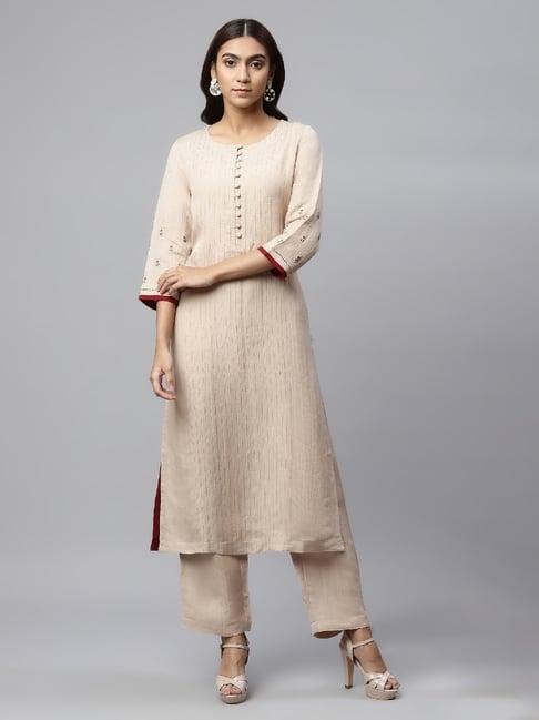 linen club woman beige embroidered kurta & palazzo set