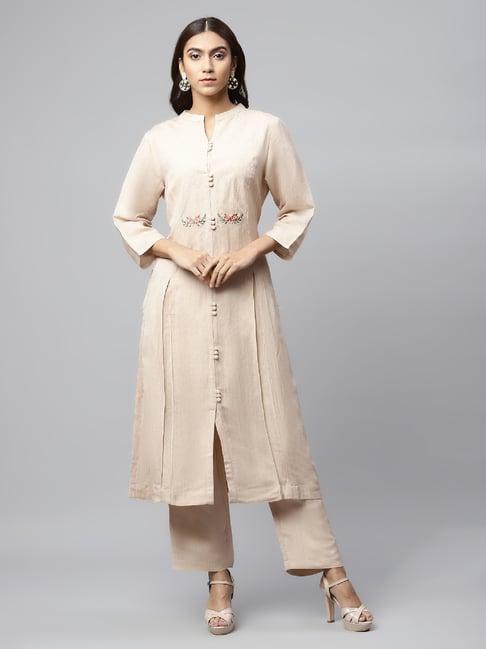 linen club woman beige embroidered kurta & palazzo set