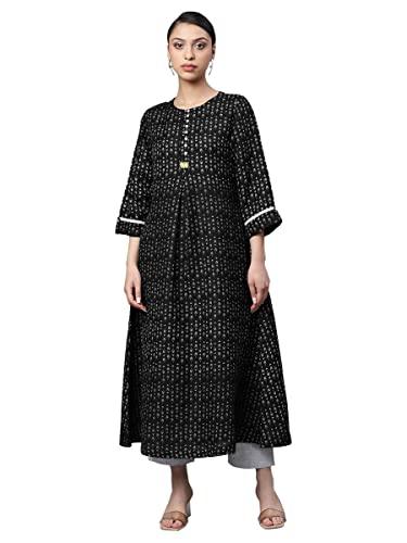 linen club woman black printed a line kurta (size: xl)-lcwess22lkfblk0064