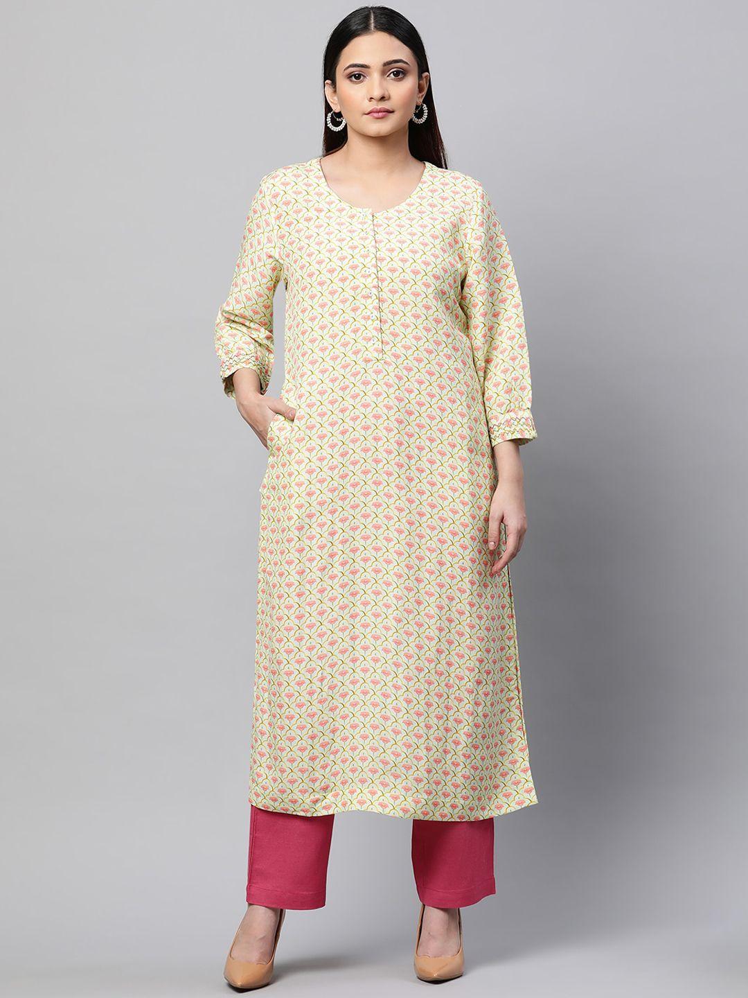 linen club woman floral printed long sleeves kurta