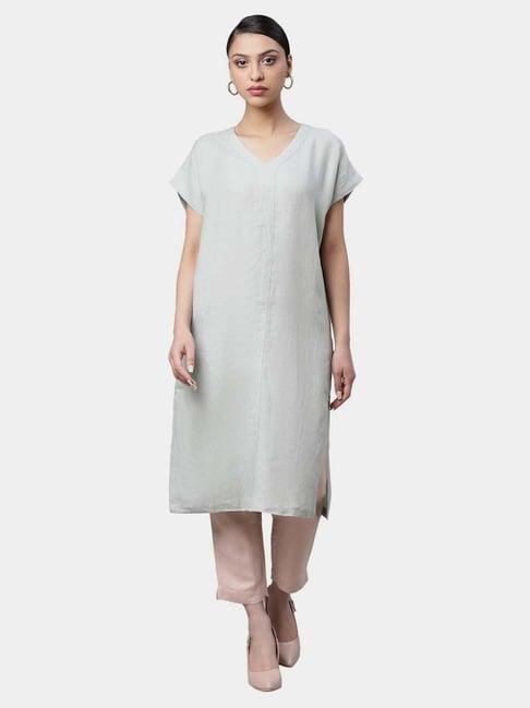 linen club woman green chambray kurta