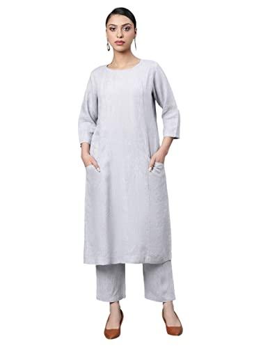 linen club woman grey chambray kurta (size: l)-lcwess22lkfgry0090