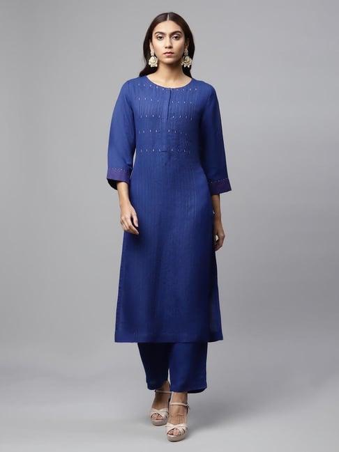 linen club woman indigo sequin embrodiered premium linen kurta with pant