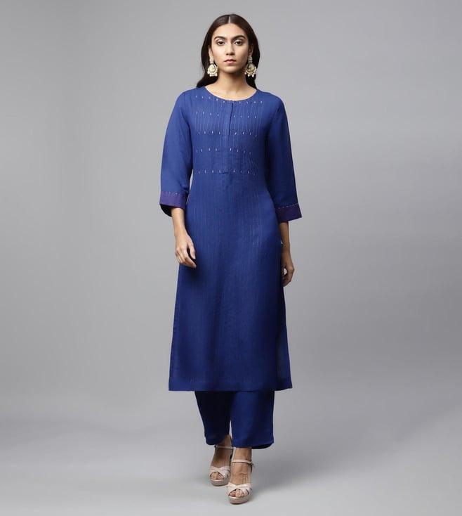 linen club woman indigo sequin embrodiered premium linen kurta with pant