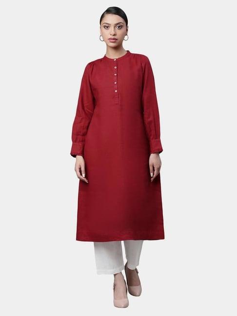 linen club woman maroon solid kurta