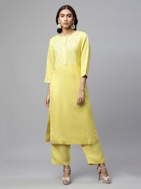 linen club woman mustard embroidered kurta & palazzo set