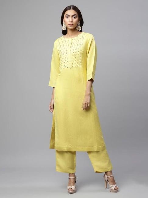 linen club woman mustard embroidered yoke premium linen kurta with pant