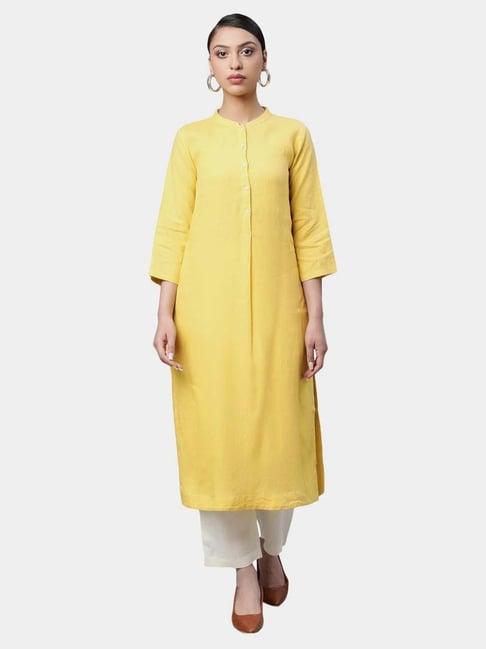 linen club woman mustard solid kurta