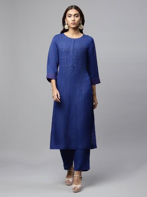 linen club woman navy embroidered kurta & palazzo set