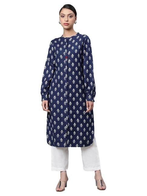 linen club woman navy printed straight kurta