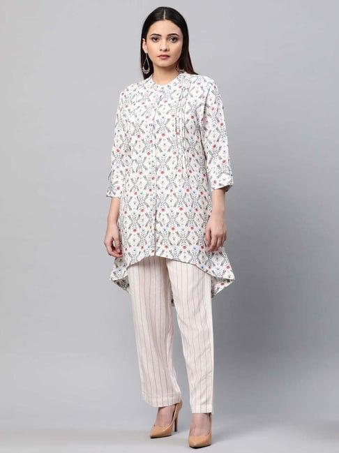 linen club woman off-white & blue linen floral print kurti pant set